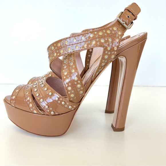 MIU MIU Patent Leather Eyelet Studded Trim Slingback Platform Sandal Heels Sz 38 - Picture 5 of 12